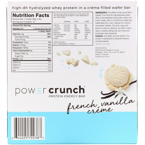 BNRG, Power Crunch Protein Energy Bar, French Vanilla Creme, 12 Bars, 1.4 oz (40 g) Each