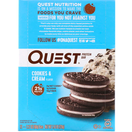 Quest Nutrition - Protein Bar, Cookies & Cream, 12 Bars, 2.12 oz (60 g) Each