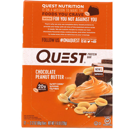 Quest Nutrition - Protein Bar, Chocolate Peanut Butter, 12 Bars, 2.12 oz (60 g) Each