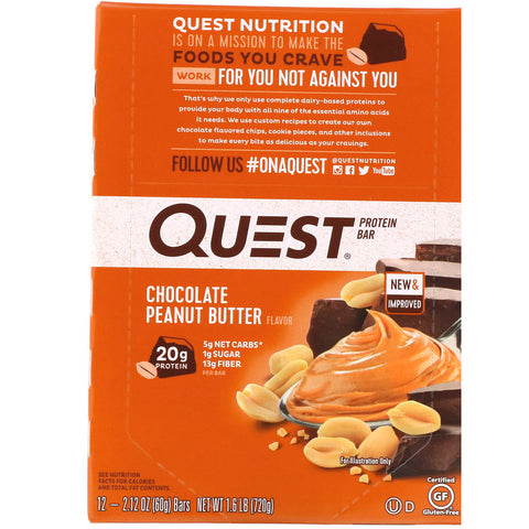 Quest Nutrition - Protein Bar, Chocolate Peanut Butter, 12 Bars, 2.12 oz (60 g) Each