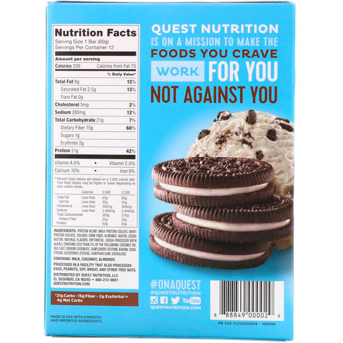 Quest Nutrition - Protein Bar, Cookies & Cream, 12 Bars, 2.12 oz (60 g) Each