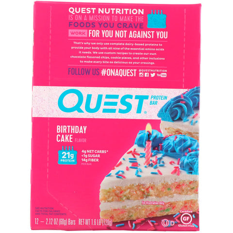 Quest Nutrition - Protein Bar, Birthday Cake, 12 Pack, 2.12 oz (60 g) Each