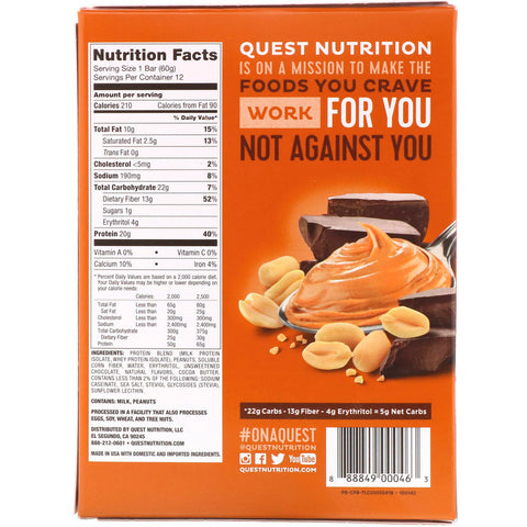 Quest Nutrition - Protein Bar, Chocolate Peanut Butter, 12 Bars, 2.12 oz (60 g) Each