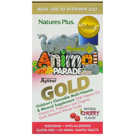 Natures Plus - Source of Life Animal Parade Gold, Children's Chewable Multi-Vitamin & Mineral Supplement, Natural Cherry Flavor, 120 Animal-Shaped Tablets