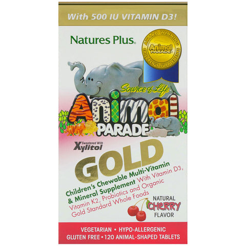 Natures Plus - Source of Life Animal Parade Gold, Children's Chewable Multi-Vitamin & Mineral Supplement, Natural Cherry Flavor, 120 Animal-Shaped Tablets