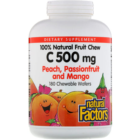 Natural Factors - 00% Natural Fruit Chew C, Peach, Passionfruit And Mango Flavor, 500 Mg,  - 180 Chewable Wafers