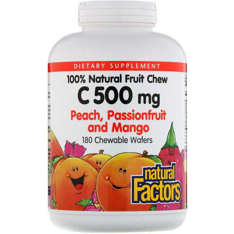Natural Factors - 00% Natural Fruit Chew C, Peach, Passionfruit And Mango Flavor, 500 Mg,  - 180 Chewable Wafers