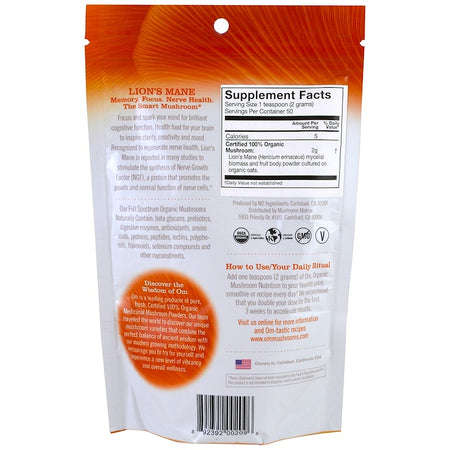 Organic Mushroom Nutrition, Lion's Mane, Mushroom Powder , 3.57 oz (100 g)