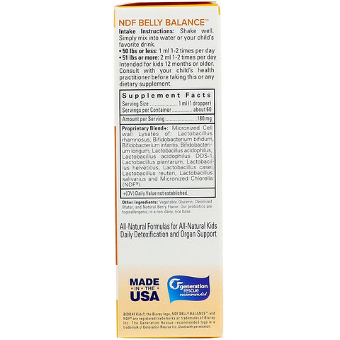 Bioray - Kids, NDF Belly Balance, 11-Strain Probiotic Blend, Berry Flavor, 2 fl oz (60ml)