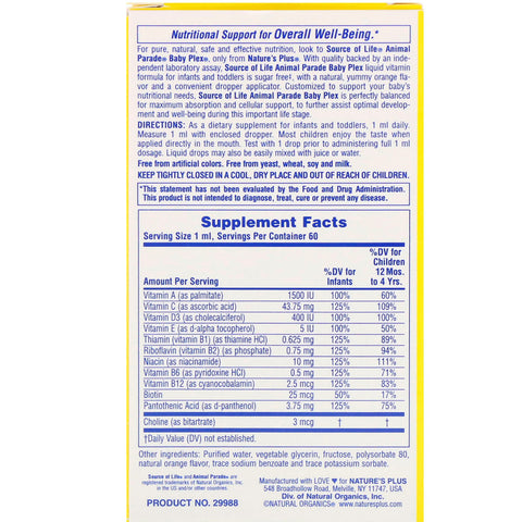 Natures Plus - Source of Life, Animal Parade, Baby Plex, Sugar Free Multivitamin Liquid Drops, Natural Orange Flavor, 2 fl oz (60 ml)