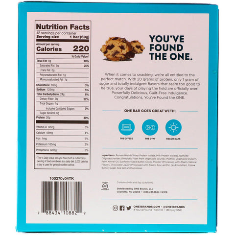 One Brands, One Bar, Chocolate Chip Cookie Dough, 12 Bars, 2.12 oz (60 g) Each
