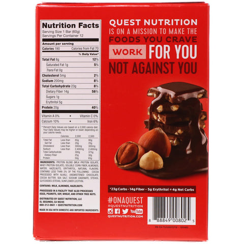 Quest Nutrition - Protein Bar, Chocolate Hazelnut, 12 Bars, 2.1 oz (60 g) Each