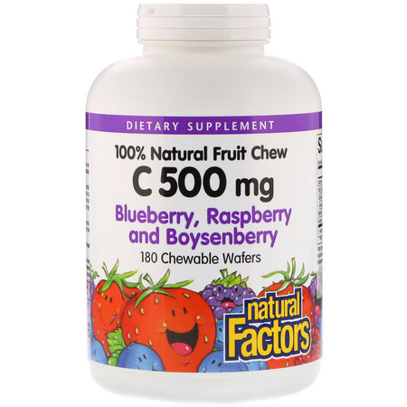 Natural Factors - 100% Natural Fruit Chew C, Blueberry, Raspberry And Boysenberry, 500 Mg,  - 180 Chewable Wafers