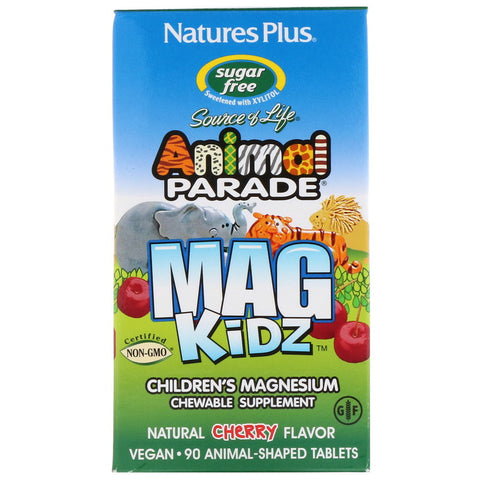 Natures Plus - Animal Parade, MagKidz, Children's Magnesium, Natural Cherry Flavor, 90 Animal-Shaped Tablets