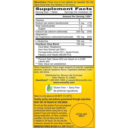 ReNew Life - Heartburn Stop, Raspberry Flavor, 30 Chewable Tablets