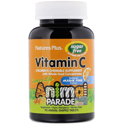 Natures Plus - Source of Life, Animal Parade, Vitamin C, Children's Chewable Supplement, Sugar Free, Natural Orange Juice Flavor, 90 Animal-Shaped Tablets