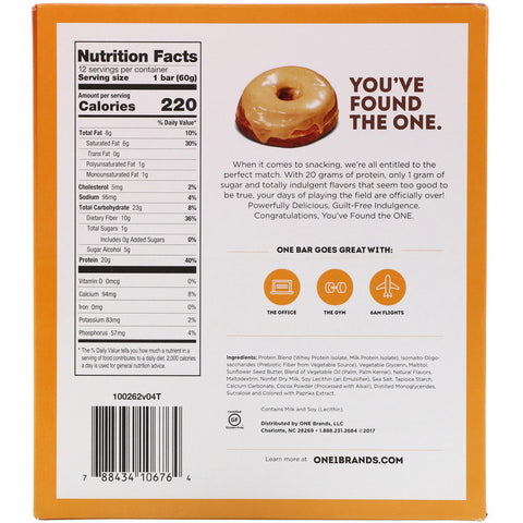 One Brands, One Bar, Maple Glazed Doughnut, 12 Bars, 2.12 oz (60 g) Each