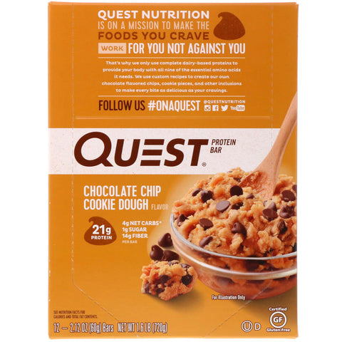 Quest Nutrition - Protein Bar, Chocolate Chip Cookie Dough, 12 Bars, 2.12 oz (60 g) Each