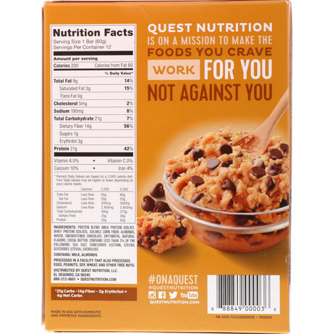 Quest Nutrition - Protein Bar, Chocolate Chip Cookie Dough, 12 Bars, 2.12 oz (60 g) Each