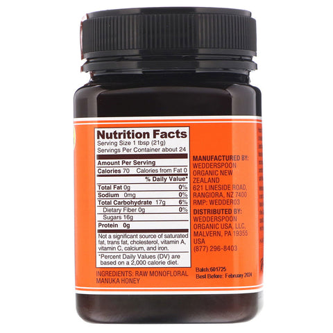 Wedderspoon - Raw Monofloral Manuka Honey, KFactor 16, 17.6 oz (500 g)