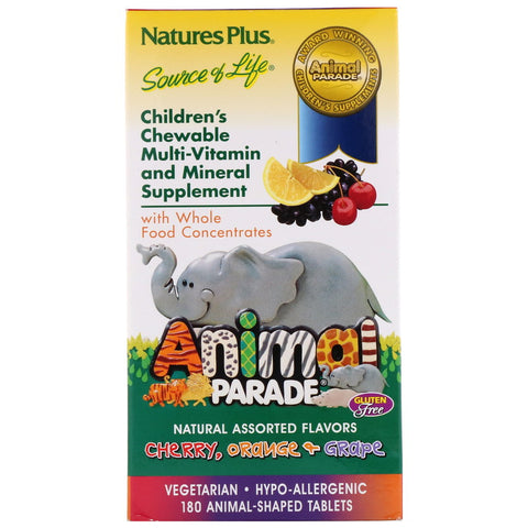 Natures Plus - Animal Parade, Children's Chewable Multi-Vitamin and Mineral, Assorted Flavors, 180 Animal-Shaped Tablets