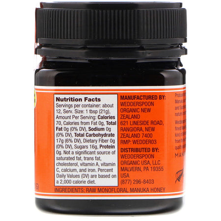 Wedderspoon - Raw Monofloral Manuka Honey, KFactor 16, 8.8 oz (250 g)