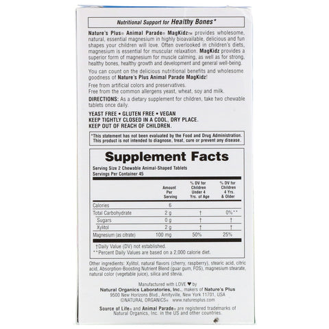 Natures Plus - Animal Parade, MagKidz, Children's Magnesium, Natural Cherry Flavor, 90 Animal-Shaped Tablets