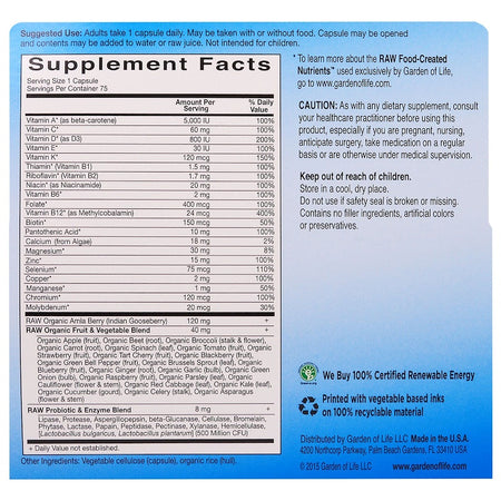 Garden Of Life - Vitamin Code, Raw One, Once Daily Raw Multi-Vitamin For Men, 75 Veggie CAPSULES