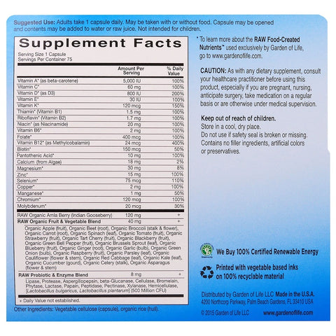 Garden Of Life - Vitamin Code, Raw One, Once Daily Raw Multi-Vitamin For Men, 75 Veggie CAPSULES