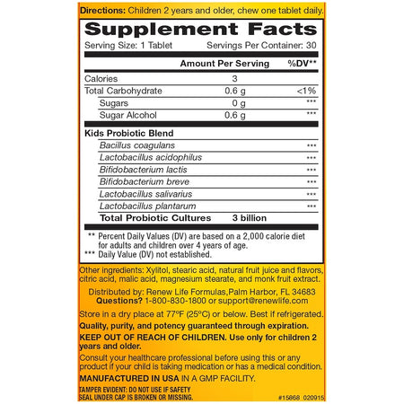 ReNew Life - Ultimate Flora, Kids Probiotic, Berry-licious, 3 Billion Live Cultures, 30 Chewable Tablets