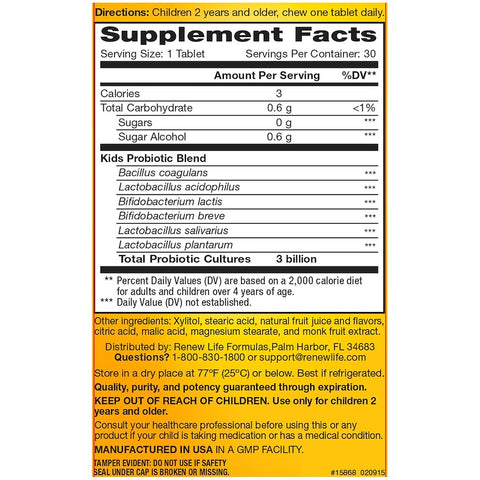 ReNew Life - Ultimate Flora, Kids Probiotic, Berry-licious, 3 Billion Live Cultures, 30 Chewable Tablets