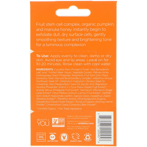 Andalou Naturals -Instant Brightening Face Mask, Pumpkin and Honey, .28 oz (8 g)