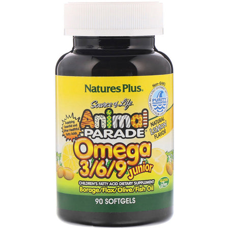Natures Plus - Source of Life, Animal Parade, Omega 3/6/9 Junior, Natural Lemon Flavor, 90 Softgels