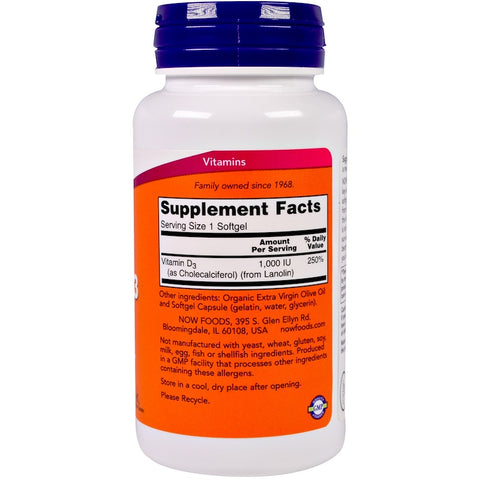 Now Foods - Vitamin D-3 High Potency, 1,000 IU, 180 Softgels