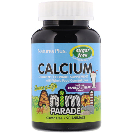 Natures Plus - Source of Life, Animal Parade, Calcium, Children's Chewable Supplement, Sugar Free, Natural Vanilla Sundae Flavor, 90 Animal-Shaped Tablets