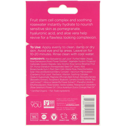 Andalou Naturals - Instant Soothing, 1000 Roses Rosewater Face Mask, .28 oz (8 g)