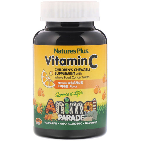Natures Plus - Source of Life, Animal Parade, Vitamin C, Children's Chewable Supplement, Natural Orange Juice Flavor, 90 Animal-Shaped Tablets