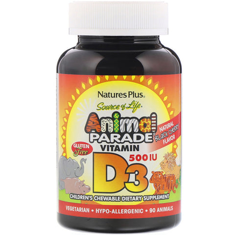 Natures Plus - Source of Life, Animal Parade, Vitamin D3, Natural Black Cherry Flavor, 500 IU, 90 Animal-Shaped Tablets