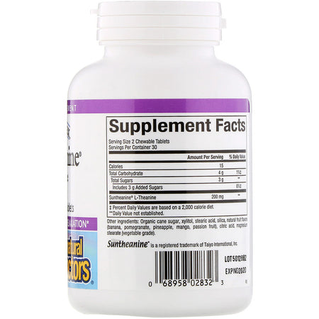 Natural Factors - Stress-Relax, Suntheanine, L-Theanine, 100 mg, 60 Chewable Tablets