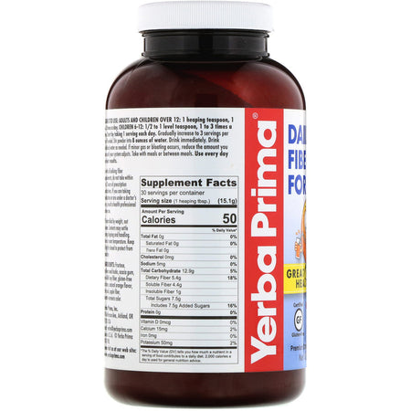 Yerba Prima - Daily Fiber Formula, Orange , 16 oz (453 g) Powder