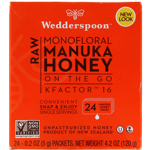 Wedderspoon, Raw Monofloral Manuka Honey, On the Go, KFactor 16, 24 Packs, 0.2 oz (5 g) Each