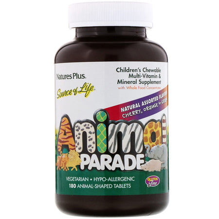 Natures Plus - Animal Parade, Children's Chewable Multi-Vitamin and Mineral, Assorted Flavors, 180 Animal-Shaped Tablets