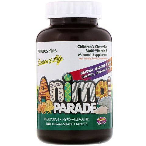 Natures Plus - Animal Parade, Children's Chewable Multi-Vitamin and Mineral, Assorted Flavors, 180 Animal-Shaped Tablets
