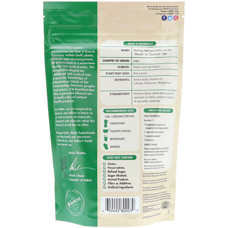 MRM - Super Foods - Raw Organic Moringa Leaf Powder - 8.5 Oz