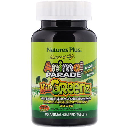 Natures Plus - Source of Life, Animal Parade, Kid Greenz with Broccoli, Spinach, Natural Tropical Fruit Flavor, 90 Animal-Shaped Tablets