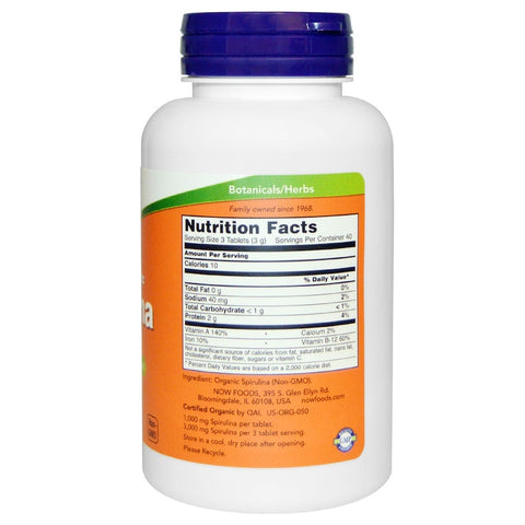 Now Foods -Certified Organic, Spirulina, 1000 mg, 120 Tablets