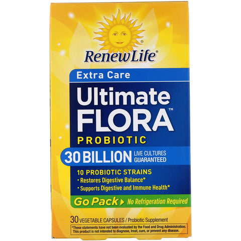ReNew Life - Extra Care, Ultimate Flora Probiotic, 30 Billion Live Cultures, Go Pack 30 Vegetable Capsules
