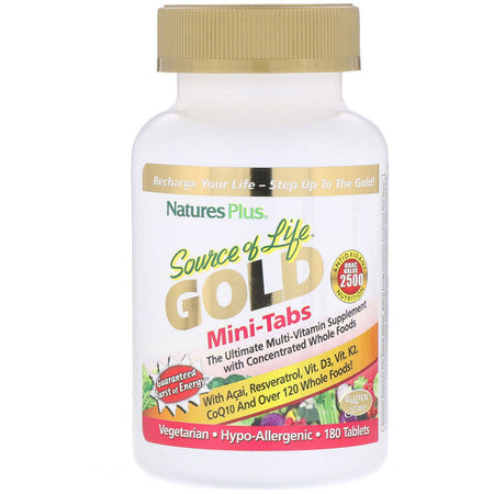 Natures Plus - Source of Life, Gold, Mini-Tabs, The Ultimate Multi-Vitamin Supplement with Concentrated Whole Foods, 180 Tablets