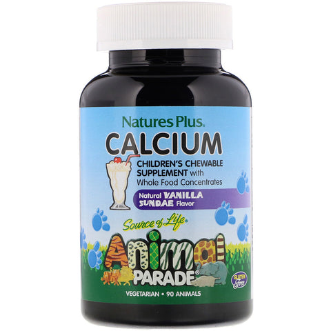 Natures Plus - Source of Life, Animal Parade, Calcium, Children's Chewable Supplement, Natural Vanilla Sundae Flavor, 90 Animal-Shaped Tablets