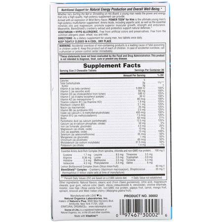 Natures Plus - Source of Life, Power Teen, For Him, Sugar Free, Natural Wild Berry Flavor, 60 Chewable Tablets
